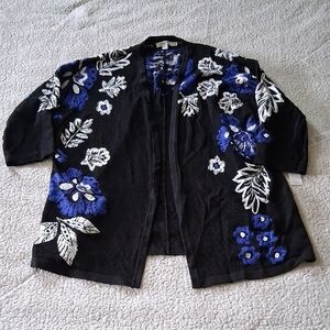 New Chico's Black and Blue Floral Cardigan